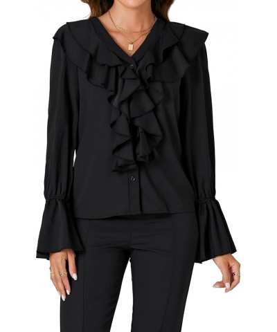 Women's V Neck Ruffle Front Button Down Ruffle Long Sleeve Blouse Top Shirt Black $14.70 Blouses