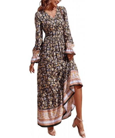 Long Sleeve Maxi Dress for Women V Neck Casual Button Down Boho Long Floral Dresses Yellow $22.67 Dresses