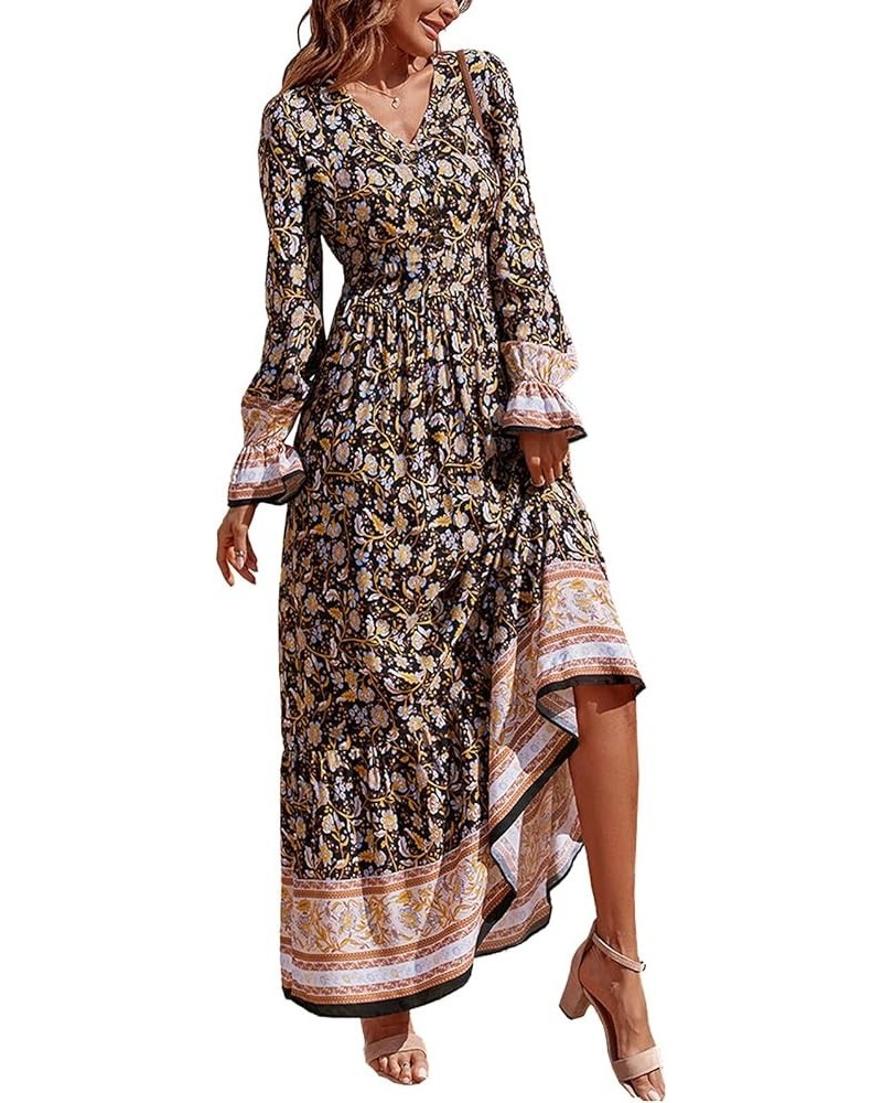 Long Sleeve Maxi Dress for Women V Neck Casual Button Down Boho Long Floral Dresses Yellow $22.67 Dresses