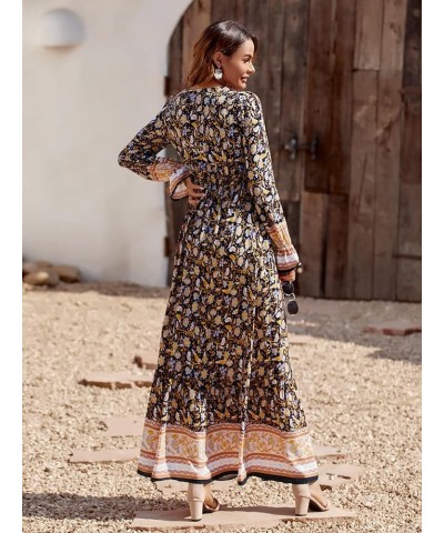 Long Sleeve Maxi Dress for Women V Neck Casual Button Down Boho Long Floral Dresses Yellow $22.67 Dresses