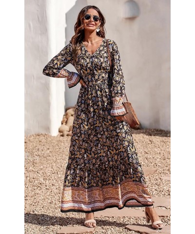 Long Sleeve Maxi Dress for Women V Neck Casual Button Down Boho Long Floral Dresses Yellow $22.67 Dresses