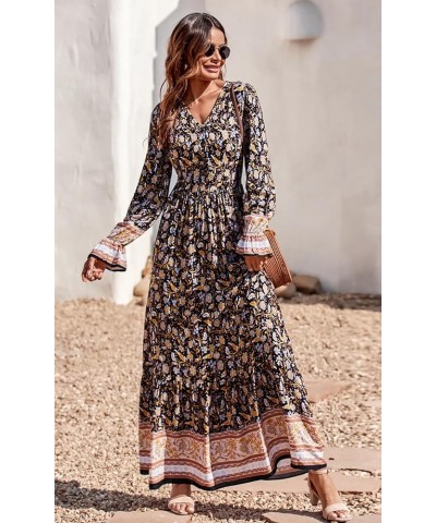 Long Sleeve Maxi Dress for Women V Neck Casual Button Down Boho Long Floral Dresses Yellow $22.67 Dresses