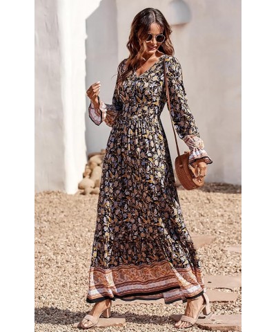 Long Sleeve Maxi Dress for Women V Neck Casual Button Down Boho Long Floral Dresses Yellow $22.67 Dresses