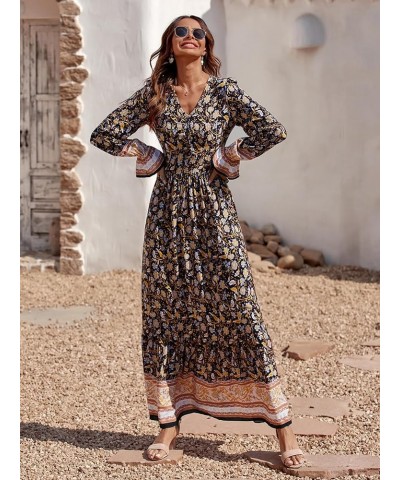 Long Sleeve Maxi Dress for Women V Neck Casual Button Down Boho Long Floral Dresses Yellow $22.67 Dresses