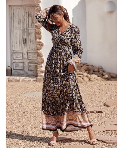 Long Sleeve Maxi Dress for Women V Neck Casual Button Down Boho Long Floral Dresses Yellow $22.67 Dresses