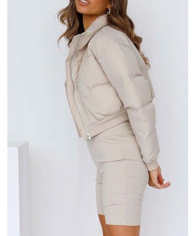 Women's Cropped Puffer Jacket Winter Long Sleeve Solid Padded Quilted Down Coats Outerwear Beige $18.59 Jackets