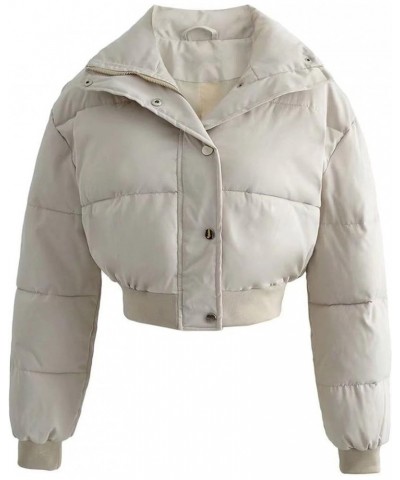 Women's Cropped Puffer Jacket Winter Long Sleeve Solid Padded Quilted Down Coats Outerwear Beige $18.59 Jackets