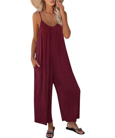 Jumpsuits for Women Loose Casual Sleeveless Adjustable Spaghetti Strap Stretchy Wide Leg Rompers with Pockets Red $12.00 Jump...