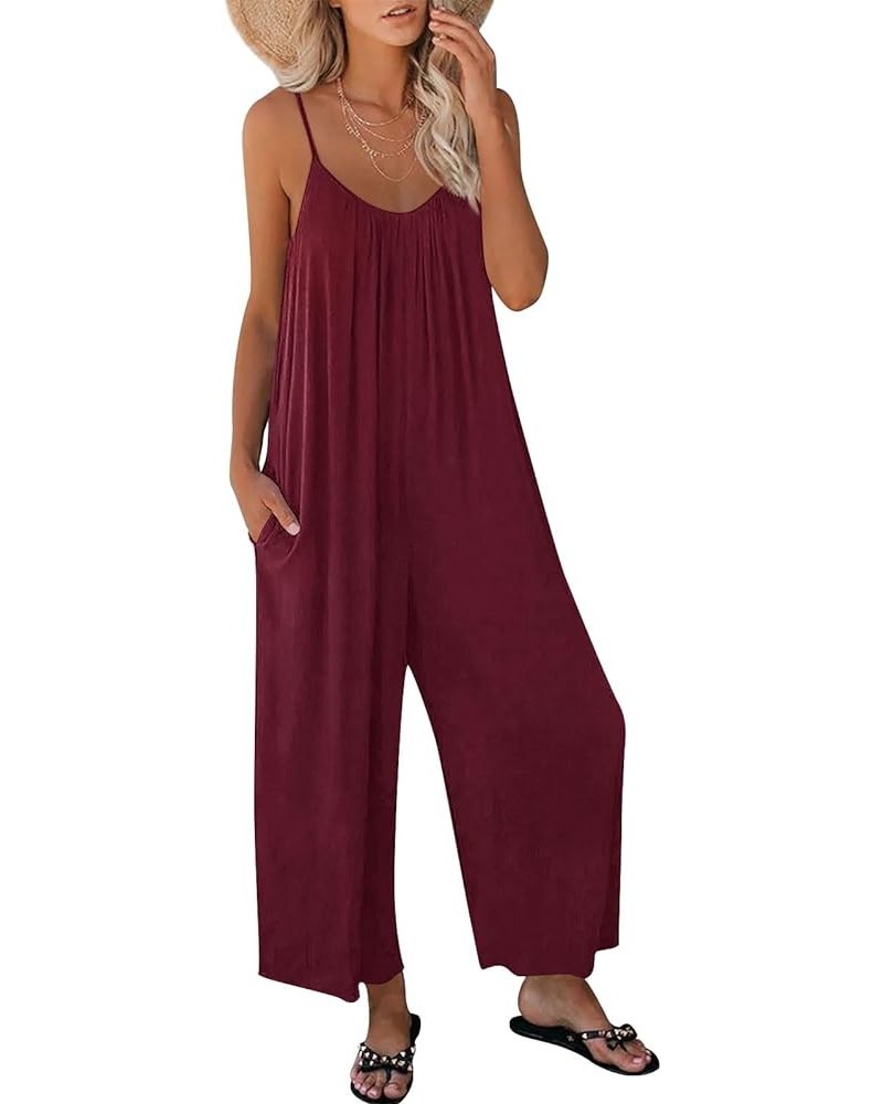 Jumpsuits for Women Loose Casual Sleeveless Adjustable Spaghetti Strap Stretchy Wide Leg Rompers with Pockets Red $12.00 Jump...