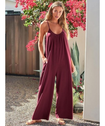 Jumpsuits for Women Loose Casual Sleeveless Adjustable Spaghetti Strap Stretchy Wide Leg Rompers with Pockets Red $12.00 Jump...