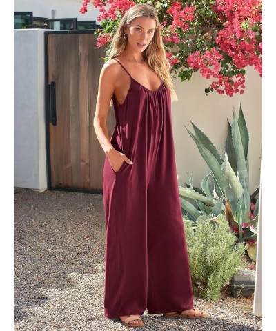 Jumpsuits for Women Loose Casual Sleeveless Adjustable Spaghetti Strap Stretchy Wide Leg Rompers with Pockets Red $12.00 Jump...