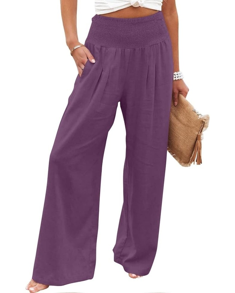 Linen Pants Women Wide Leg Pants High Waist Palazzo Lounge Pant 2024 Summer Beach Boho Casual Trousers with Pockets A2-purple...