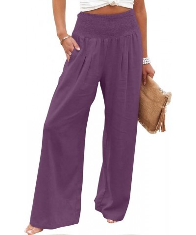 Linen Pants Women Wide Leg Pants High Waist Palazzo Lounge Pant 2024 Summer Beach Boho Casual Trousers with Pockets A2-purple...