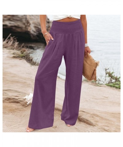 Linen Pants Women Wide Leg Pants High Waist Palazzo Lounge Pant 2024 Summer Beach Boho Casual Trousers with Pockets A2-purple...