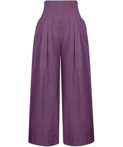 Linen Pants Women Wide Leg Pants High Waist Palazzo Lounge Pant 2024 Summer Beach Boho Casual Trousers with Pockets A2-purple...