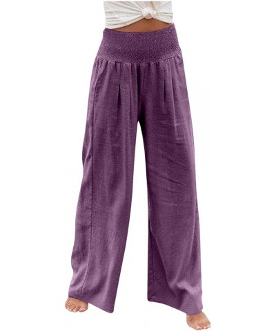 Linen Pants Women Wide Leg Pants High Waist Palazzo Lounge Pant 2024 Summer Beach Boho Casual Trousers with Pockets A2-purple...