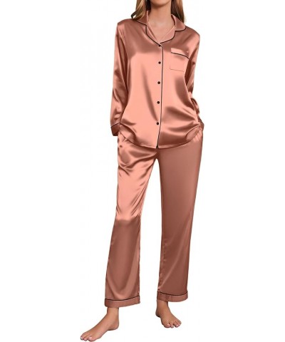 Silk Pajamas Women's Long Sleeve Sleepwear Satin Soft Button Down Loungewear Pjs Set S-XXL Rose Golden $13.64 Sleep & Lounge