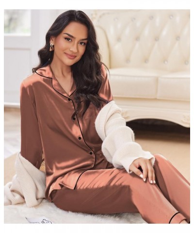 Silk Pajamas Women's Long Sleeve Sleepwear Satin Soft Button Down Loungewear Pjs Set S-XXL Rose Golden $13.64 Sleep & Lounge