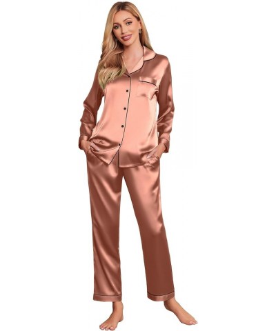 Silk Pajamas Women's Long Sleeve Sleepwear Satin Soft Button Down Loungewear Pjs Set S-XXL Rose Golden $13.64 Sleep & Lounge