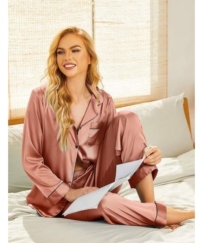 Silk Pajamas Women's Long Sleeve Sleepwear Satin Soft Button Down Loungewear Pjs Set S-XXL Rose Golden $13.64 Sleep & Lounge