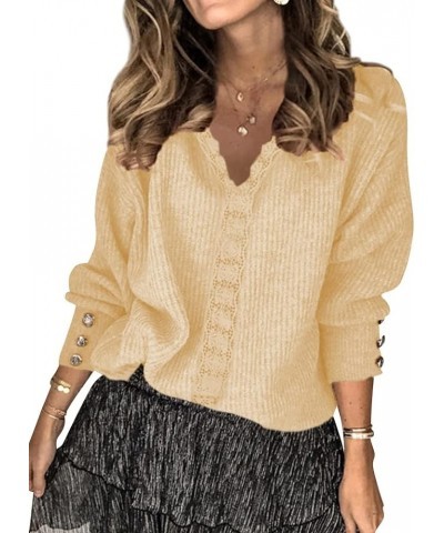 Women Lace V Neck Knitted Pullover Lightweight Knit Sweaters Casual Tops Apricot $14.57 Sweaters