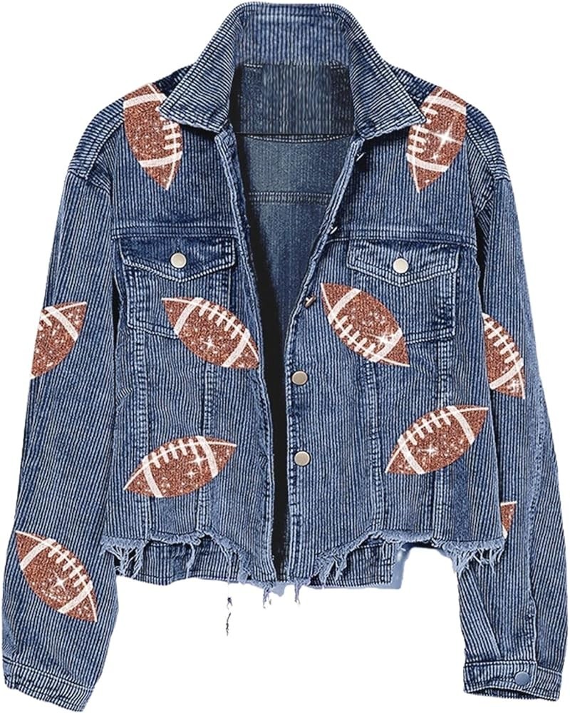 Women's Football Corduroy Sequin Jacket Cropped Distresses Rugby Patched Shacket Coat Blue $14.71 Jackets