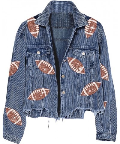 Women's Football Corduroy Sequin Jacket Cropped Distresses Rugby Patched Shacket Coat Blue $14.71 Jackets