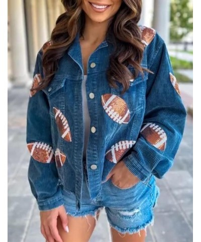 Women's Football Corduroy Sequin Jacket Cropped Distresses Rugby Patched Shacket Coat Blue $14.71 Jackets