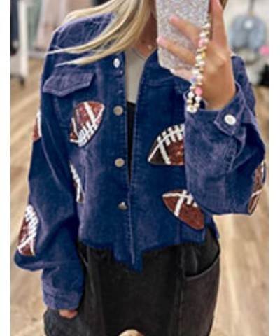 Women's Football Corduroy Sequin Jacket Cropped Distresses Rugby Patched Shacket Coat Blue $14.71 Jackets