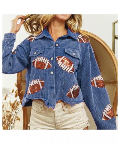 Women's Football Corduroy Sequin Jacket Cropped Distresses Rugby Patched Shacket Coat Blue $14.71 Jackets