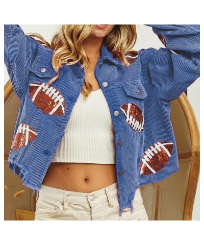 Women's Football Corduroy Sequin Jacket Cropped Distresses Rugby Patched Shacket Coat Blue $14.71 Jackets