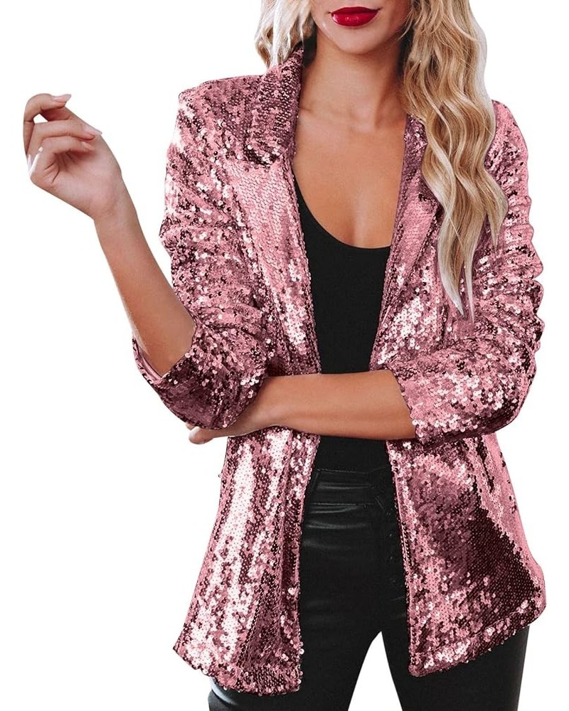 Womens Sequins Jacket Plus Size Lightweight Casual Long Sleeve Glitter Party Shiny Lapel Coat Rave Outerwear Hot Pink $9.96 J...