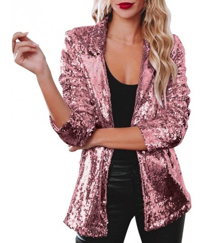 Womens Sequins Jacket Plus Size Lightweight Casual Long Sleeve Glitter Party Shiny Lapel Coat Rave Outerwear Hot Pink $9.96 J...