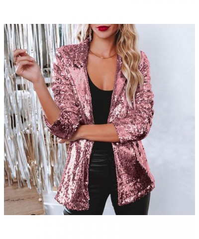 Womens Sequins Jacket Plus Size Lightweight Casual Long Sleeve Glitter Party Shiny Lapel Coat Rave Outerwear Hot Pink $9.96 J...