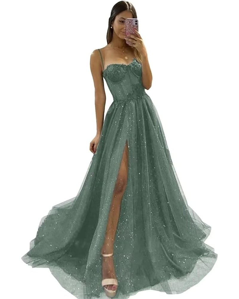 Women's Glitter Tulle Prom Dresses Long 2023 Spaghetti Straps Sweetheart Formal Evening Party Gowns with Slit Jade With 3d Fl...