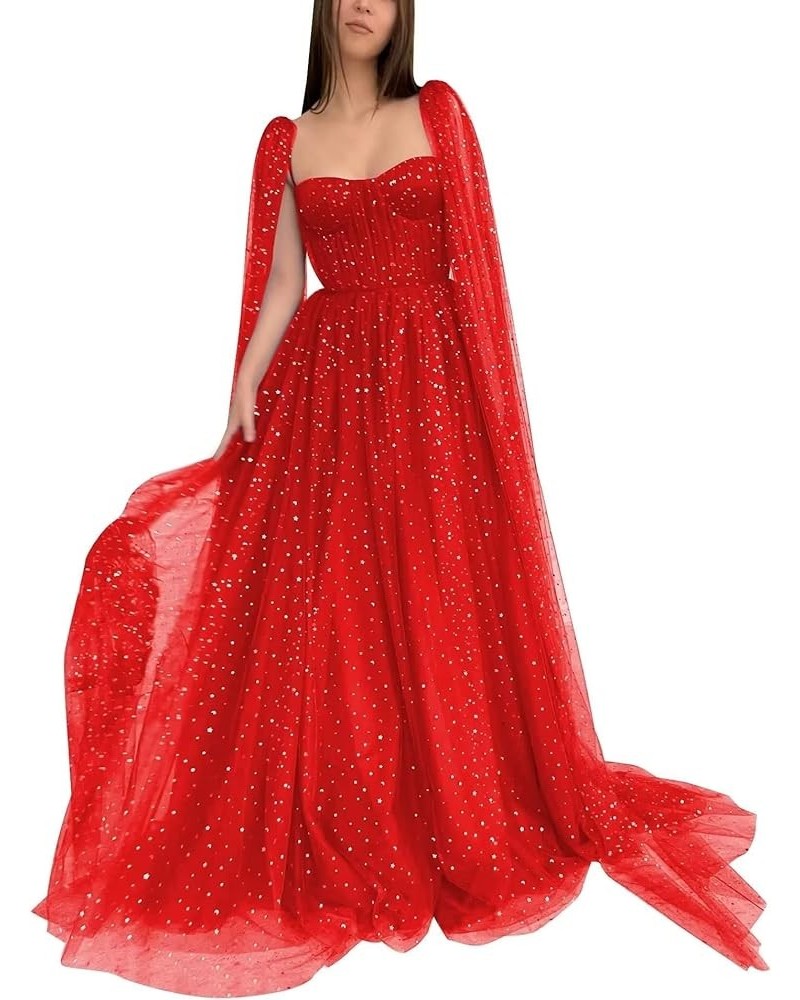 Sparkle Tulle Prom Dresses Cape Sleeve Starry Formal Evening Party Gowns Long Red-sweetheart $40.50 Dresses