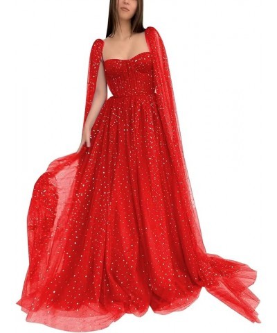 Sparkle Tulle Prom Dresses Cape Sleeve Starry Formal Evening Party Gowns Long Red-sweetheart $40.50 Dresses