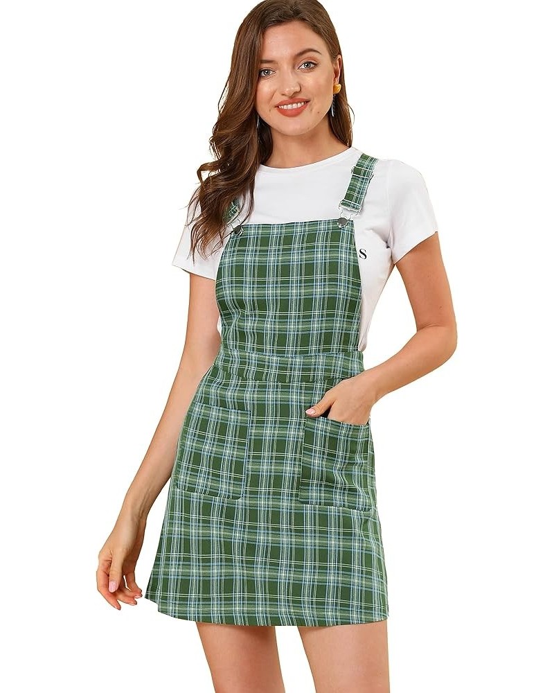 Women's Adjustable Strap Above Knee Plaid Printed Overall Dress Suspender Skirt Green-blue B $14.35 Overalls