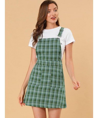 Women's Adjustable Strap Above Knee Plaid Printed Overall Dress Suspender Skirt Green-blue B $14.35 Overalls