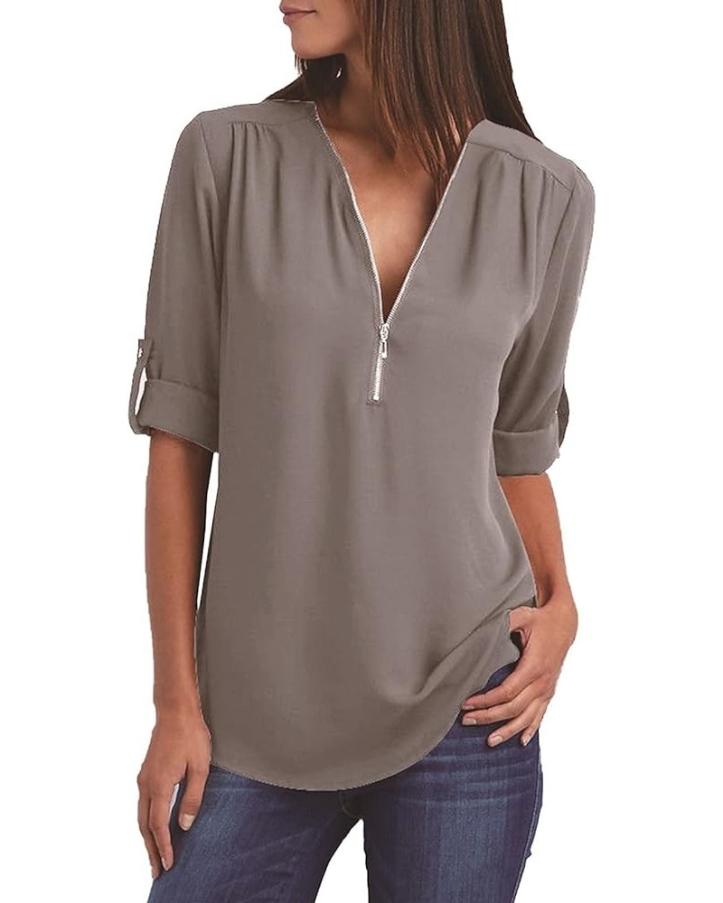 Women's V Neck Zip Chiffon Tops Blouses Rolled Long Sleeve Loose Fit Shirts Top Comfy Fashion Casual Blouse Shirt Gray 2 $3.7...