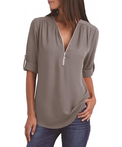 Women's V Neck Zip Chiffon Tops Blouses Rolled Long Sleeve Loose Fit Shirts Top Comfy Fashion Casual Blouse Shirt Gray 2 $3.7...