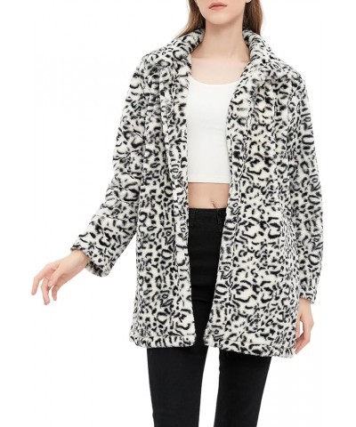 Women's Faux Fur Leopard Jacket Cardigan Fleece Sherpa Fuzzy Winter Fluffy Coat with Pockets Leopard White $20.70 Coats