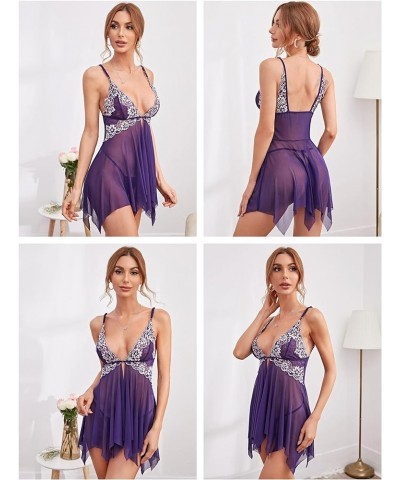 Women Lace Lingerie Front Closure Babydoll V Neck Nightwear Sexy Chemise Nightie Purple $10.25 Lingerie