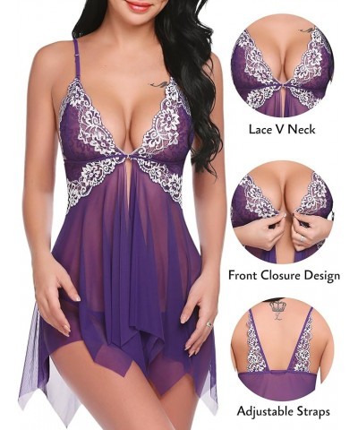 Women Lace Lingerie Front Closure Babydoll V Neck Nightwear Sexy Chemise Nightie Purple $10.25 Lingerie