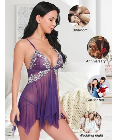 Women Lace Lingerie Front Closure Babydoll V Neck Nightwear Sexy Chemise Nightie Purple $10.25 Lingerie