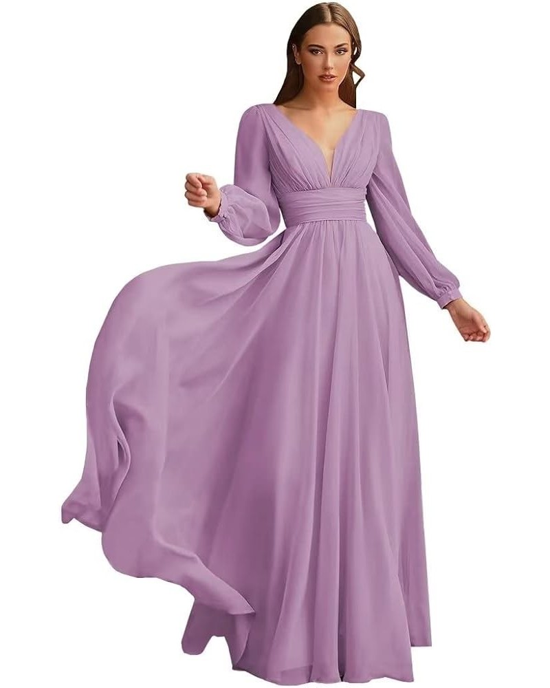 Long V-Neck Chiffon Bridesmaid Dresses with Pockets Long Sleeves Formal Dresses A-line Pleated Party Dress Dusty Purple $26.4...