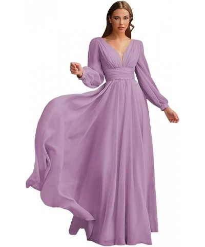 Long V-Neck Chiffon Bridesmaid Dresses with Pockets Long Sleeves Formal Dresses A-line Pleated Party Dress Dusty Purple $26.4...