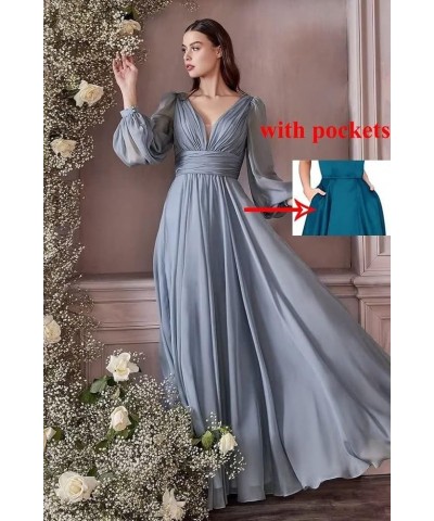 Long V-Neck Chiffon Bridesmaid Dresses with Pockets Long Sleeves Formal Dresses A-line Pleated Party Dress Dusty Purple $26.4...