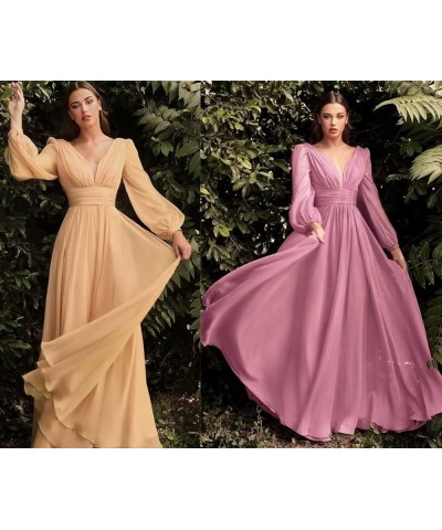 Long V-Neck Chiffon Bridesmaid Dresses with Pockets Long Sleeves Formal Dresses A-line Pleated Party Dress Dusty Purple $26.4...