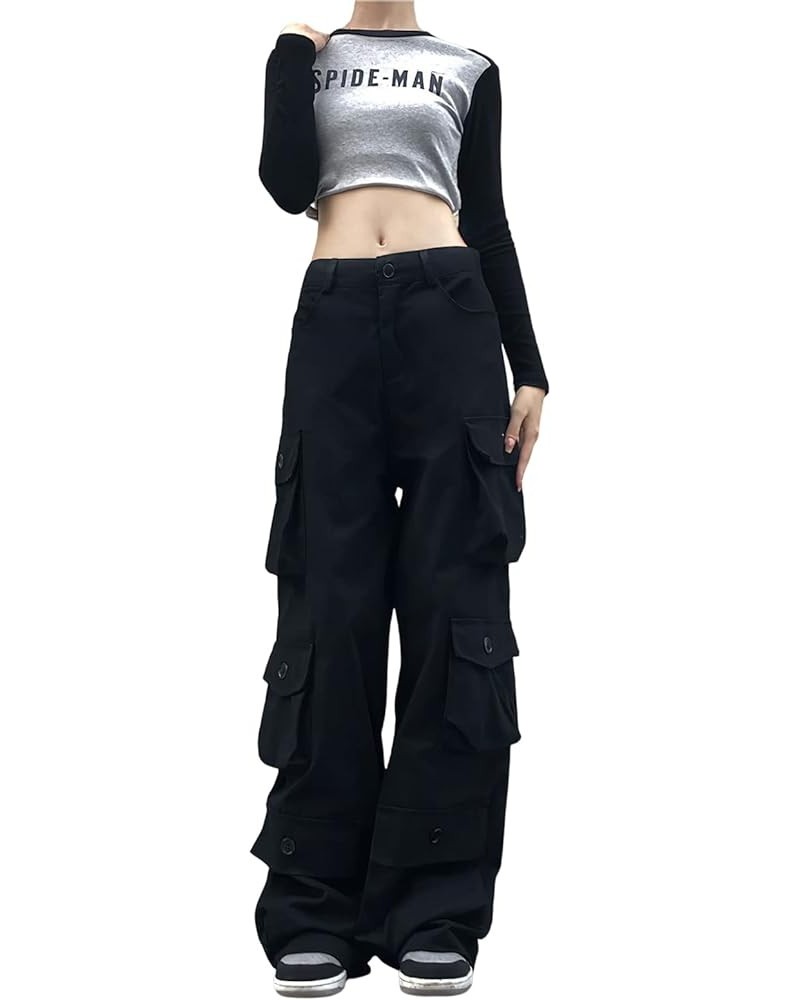 Women High Rise Straight Leg Y2K Streetwear Cargo Pants Baggy Boyfriend Jeans with Pockets Qblack $18.54 Jeans